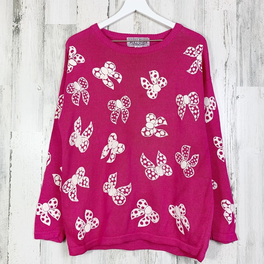 Vintage 80s Bright Pink Polka Dot Bow Pullover Oversized Sweater Size Medium